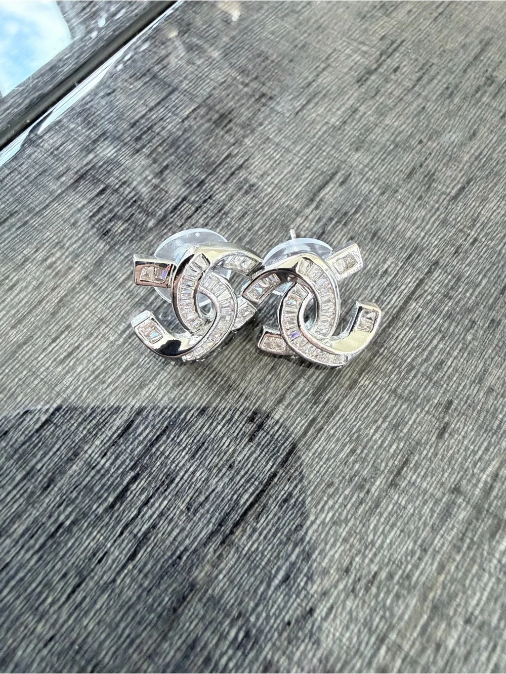 Chanel Crystal Interlocking Logo Stud Earrings - Silver